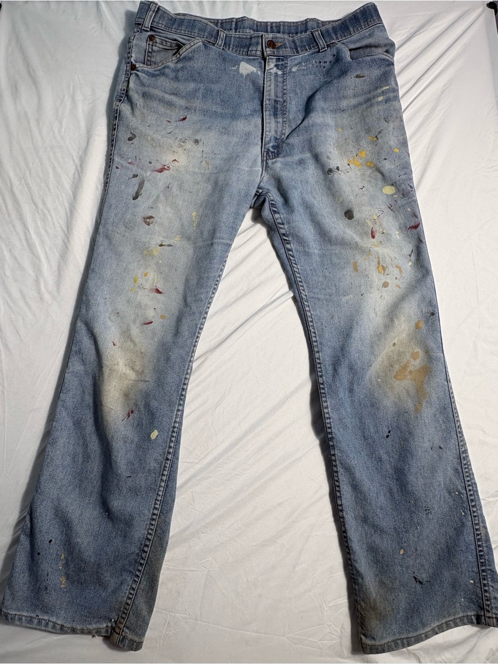 70s Levi’s for men with a skosh for more comfort stained paint jeans orange tab